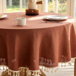 Taupe Tassel Linen Tablecloth, Farmhouse Style