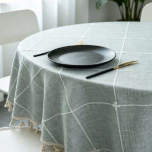 Cotton-Linen Plaid Embroidered Tablecloth, Classic Gray