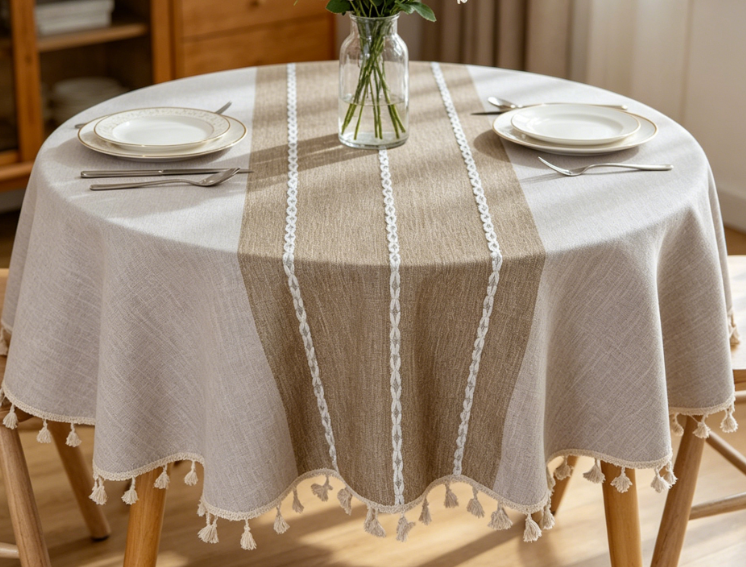 Heavyweight Cotton-Linen Tassel Tablecloth, Durable Beige - Image 2