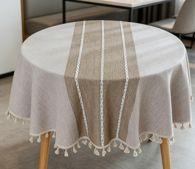 Heavyweight Cotton-Linen Tassel Tablecloth, Durable Beige