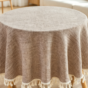 Cotton-Linen Tassel Waterproof Tablecloth, Natural Medium Brown