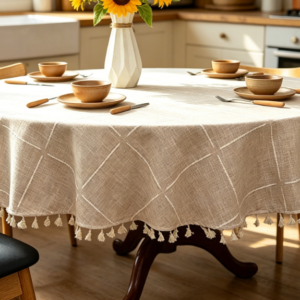 Cotton And Linen Checkered Tassel Tablecloths, Beige, Versatile
