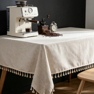 Beige Tassel Solid Color Cotton And Linen Tablecloths, Washable