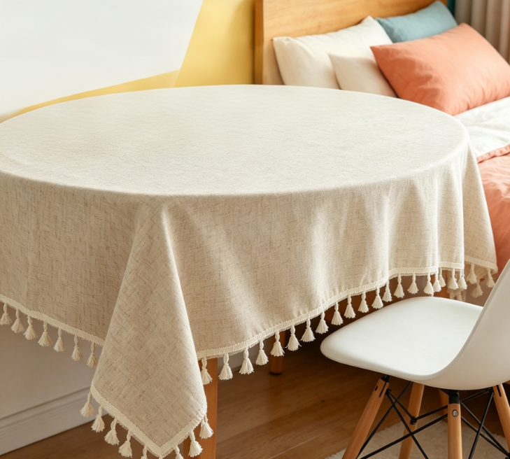 Dustproof Solid Color Tassel Cotton And Linen Tablecloths, Neutral Color - Image 2