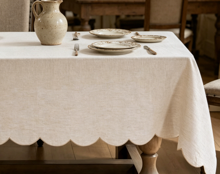 Pure Linen Tablecloths, Fan-Shaped Embroidered Edges - Image 2