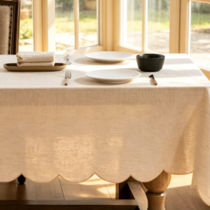Pure Linen Tablecloths, Fan-Shaped Embroidered Edges