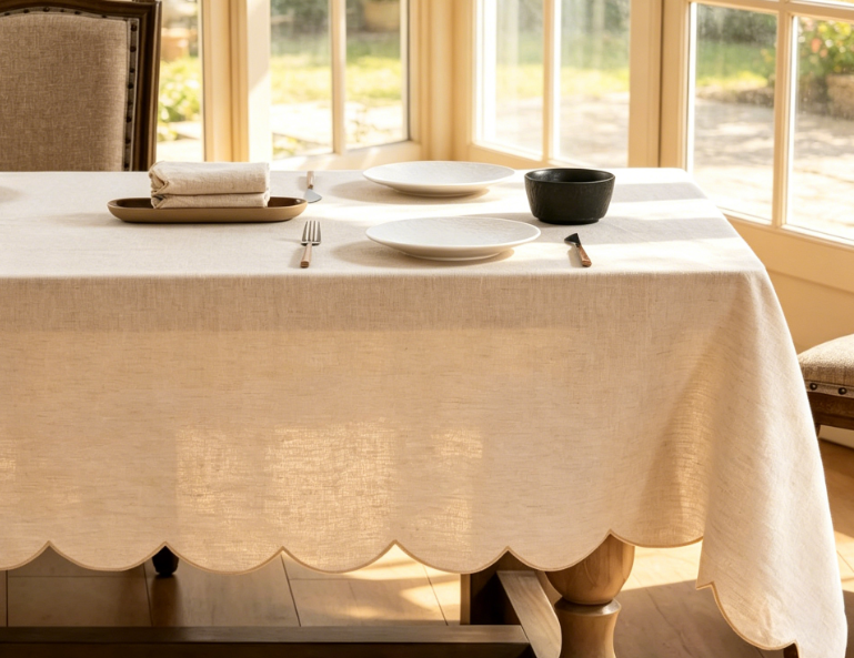 Pure Linen Tablecloths, Fan-Shaped Embroidered Edges